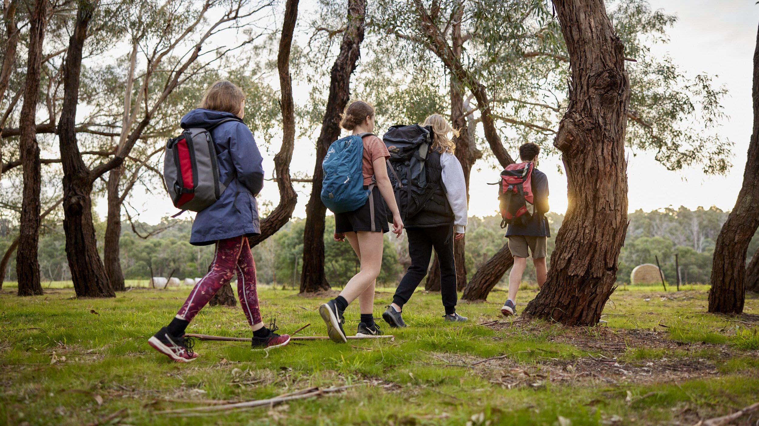 A group of students with packs walking through the bush